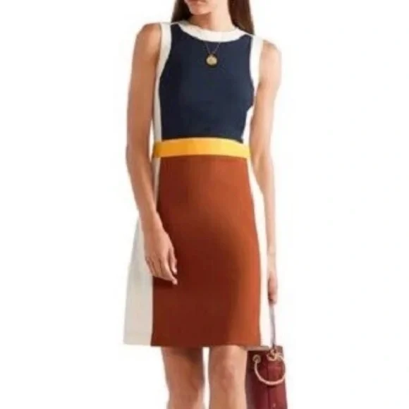 TORY BURCH Mya Navy Copper Colorblock Stretch Ponte Knit Sheath Dress XS = 0/2 - Picture 2 of 14